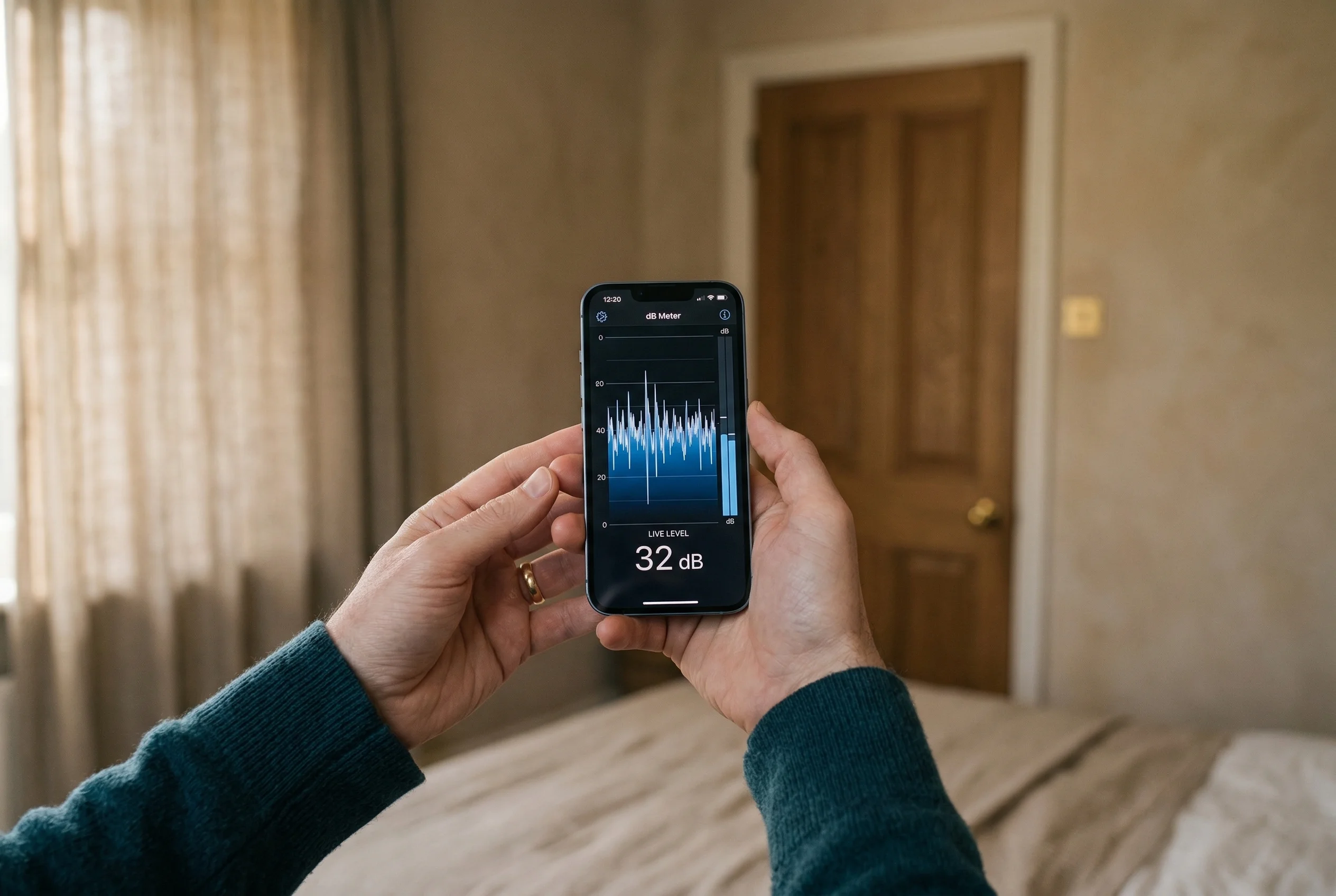 Hands holding iPhone showing sound level meter in a quiet room