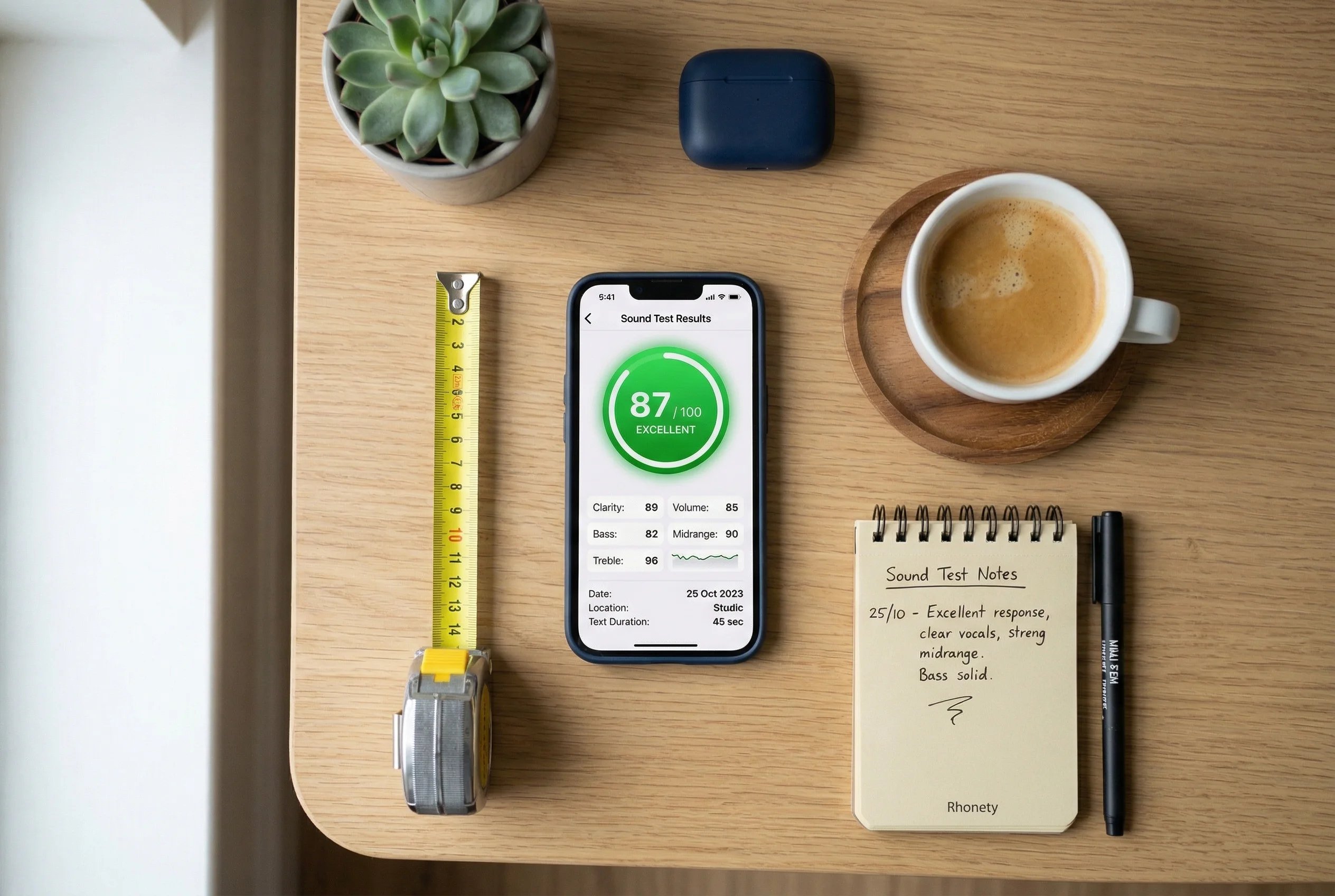 iPhone showing sound test results with a green score on a desk
